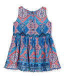 Sleeveless Multipattern Cotton Dress, Blue/Pink, Size 4-6