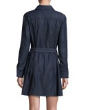 Zip-Front Belted Denim Dress, Indigo