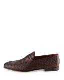 Woven Leather & Alligator Penny Loafer, Brown
