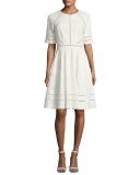 Short-Sleeve Floral Lace Novelty Dress, Light Ivory