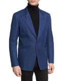 Washed Denim Peak-Lapel Sport Jacket, Dark Indigo