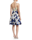Floral-Motif Mixed-Media Dress, Marine Blue