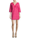 3/4-Sleeve Lace Tunic Dress, Cerise