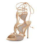 Crystal-Embellished Suede Ankle-Wrap Sandal, Beige/Topaz