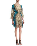 3/4-Sleeve Mixed-Print Dress, Brown/Turquoise
