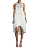 Embroidered-Front Sleeveless Cocktail Dress, Ivory