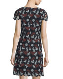 Cap-Sleeve Lace Sheath Dress, Medium Navy/Sage
