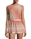 Metallic Zigzag Romper Coverup, Red