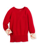 Georgey Cashmere Check-Cuff Pullover Sweater, Parade Red, Size 4-14