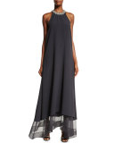 Monili-Trim Accordion-Neck Trapeze Gown, Volcano
