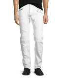 Distressed Slim-Straight Moto Jeans, White