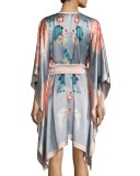 V-Neck Floral-Print Silk Short Caftan, Silver