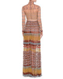 Long-Sleeve Mock-Neck Lace Gown, Gold
