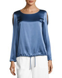 Maxina Long-Sleeve Cold-Shoulder Silk Charmeuse Blouse, Medium Blue