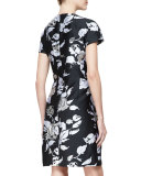 Short-Sleeve Metallic Floral Jacquard Dress, Black