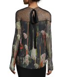 Floral Lace-Yoke Chiffon Blouse, Black/Multi