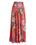 Floral-Print D-Ring Silk Midi Skirt, Pink