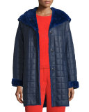 Hooded Quilted Shearling Coat, Bluebell