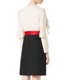 Silk-Wool Dress with Sculpted Sleeves, White/Black
