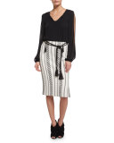 Tie-Neck Slit-Sleeve Silk Blouse, Caviar