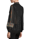 Mija Metallic-Stripe Embroidered Blouse, Black