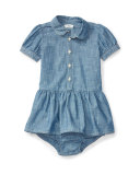 Short-Sleeve Smocked Cotton Chambray Dress, Blue, Size 6-24 Months