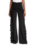 Saphir Ruffle Wide-Leg Pants, Black