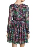 long-sleeve metallic silk chiffon mini dress, black/multicolor