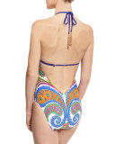 Pacific Paisley High-Neck Halter One-Piece Swimsuit, Multicolor