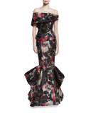 Off-the-Shoulder Printed Mermaid Gown, Multi Cherry Floral