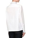 Long-Sleeve Rockstud-Trim Blouse, White