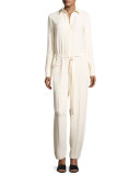 Long-Sleeve Collared Stretch Crepe Jumpsuit, Porcelain