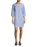 Pinstripe Boat-Neck Tunic Dress, Blue/White
