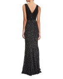 Xandra Hand-Embellished V-Neck Gown, Black