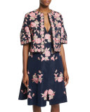 Floral-Embroidered Open-Front Jacket, Navy/Pink
