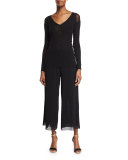 Long-Sleeve Sheer-Shoulder Tee, Black 