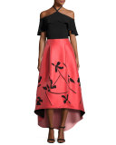 Stretch Jacquard Floral High-Low Skirt, Coral