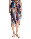 Floral-Print Tulle Ruffle-Trim Sarong Coverup, Blue