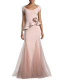 Lady Cap-Sleeve Peplum Mermaid Gown, Pink