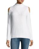 Cable-Knit Cashmere Cold-Shoulder Sweater, Blanc