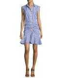 Bell Sleeveless Striped Flounce Dress, Blue/White