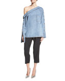 One-Shoulder Denim Pocket Shirt, Blue