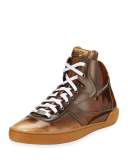 Eroy Burnished Leather Mid-Top Sneaker, Cuir (Brown)