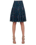Stitch-Pleated Boulder-Print Skirt, Navy