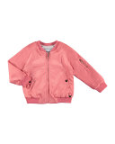 Stretch Satin Check Bomber Jacket, Pink, Size 3-7