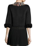 Embroidered Shearling Fur Cropped Jacket, Black