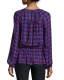 Long-Sleeve Printed Silk Blouse, Cobalt/Multicolor