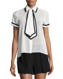 Oswald Tie- Neck Short-Sleeve Shirt, White/Black