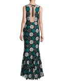 April Sleeveless Medallion Lace Gown, Blue/Black
