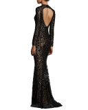 Long-Sleeve Illusion Leopard-Sequined Gown, Black
